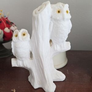 Rare Handmade Italian Marked Vtg White Salt Stone Double Owl Statue